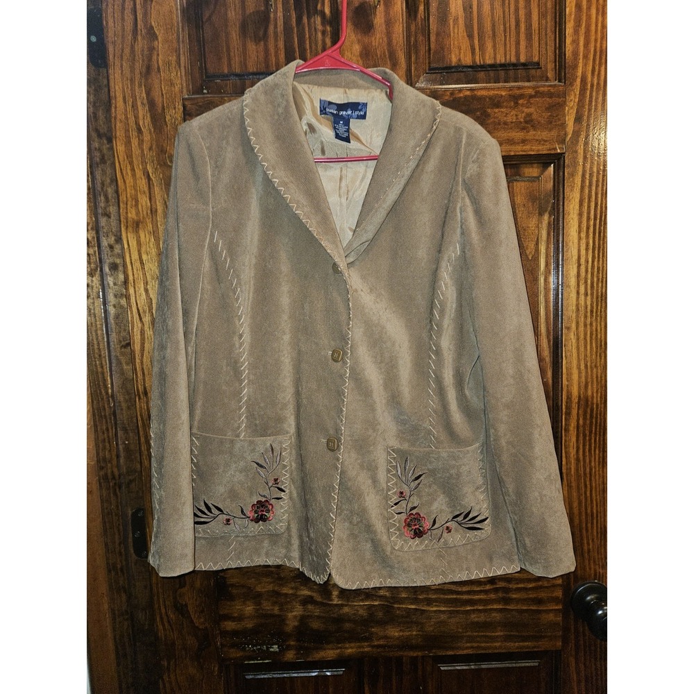 Susan Graver Western Style Coat Blazer Medium Brown Retro Boho Floral Embroidery